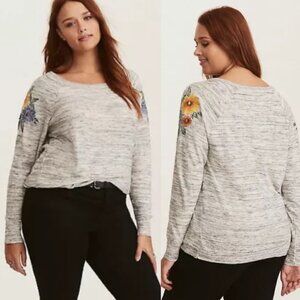 Torrid Women's Black & White Spacedye Knit Floral Raglan Embroidered Sweater 4X